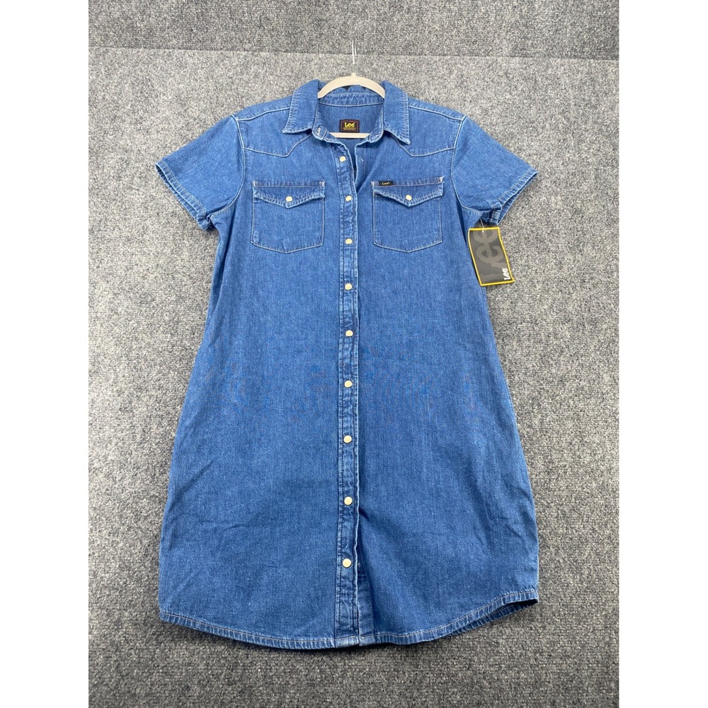 Lee Denim Shirt Dress Day Glow Womens Small Blue Short Sleeve Western Mini NWT